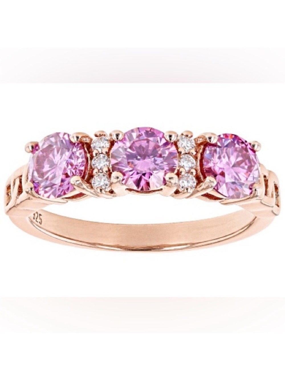 Pink Moissanite Fire® Triple Stone Ring • 14K Rose Gold Over Sterling Silver BBJ